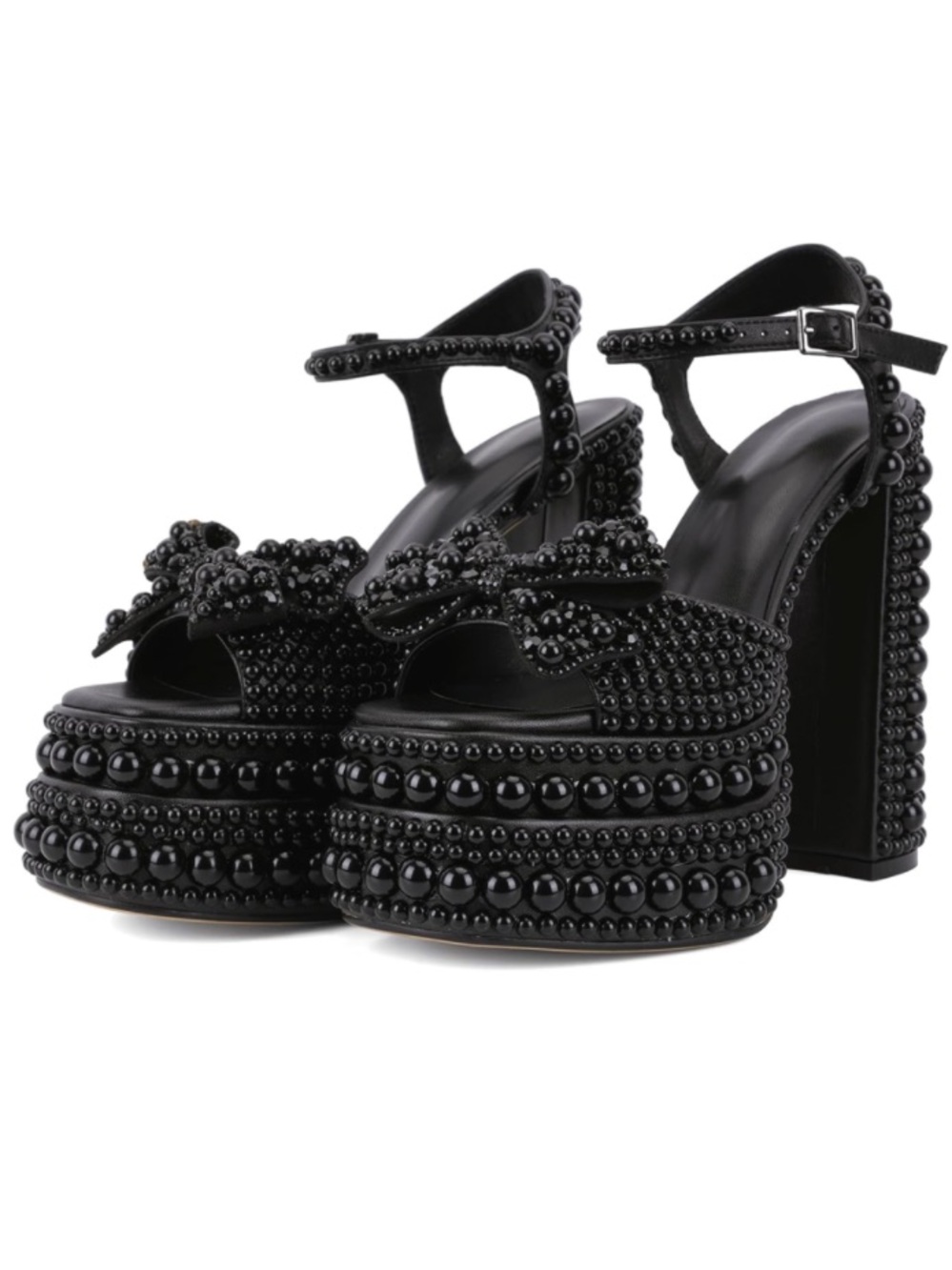 Pearl-Embellished Black Platform Sandal with Ankle Strap